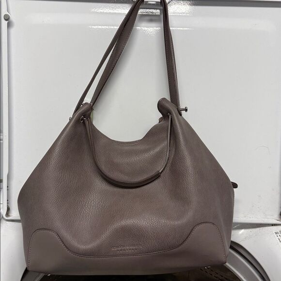 Elegant Taupe Leather Tote Bag SONDRA ROBERTS Squared Leather Gray LIKE NEW - Picture 2 of 8